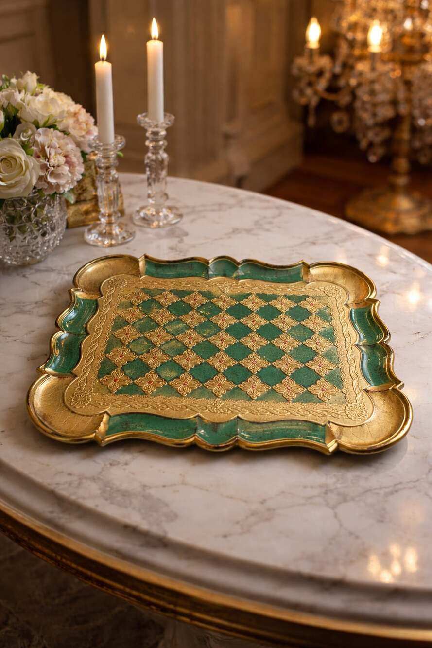 Vintage Italian Florentine Green and Gold Gilt Wood Serving Tray with Harlequin